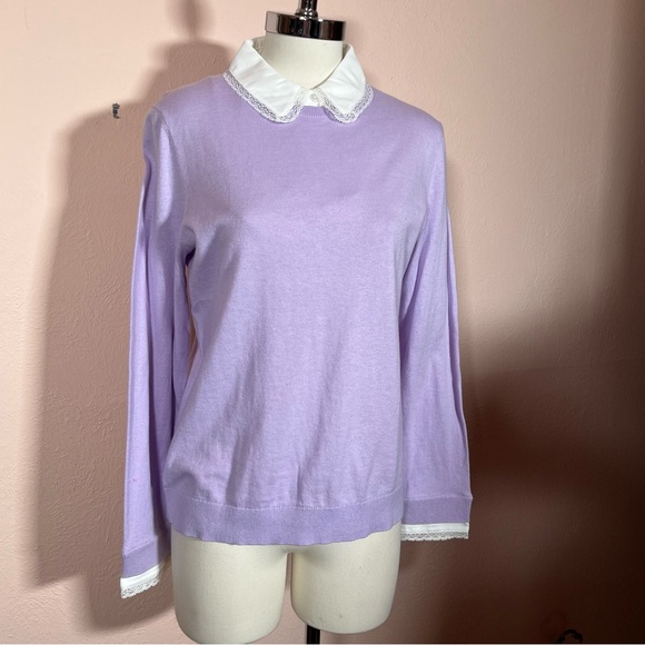 Talbots Lavender white Peter Pan collar cotton silk sweater Coquette Girl - Picture 3 of 16